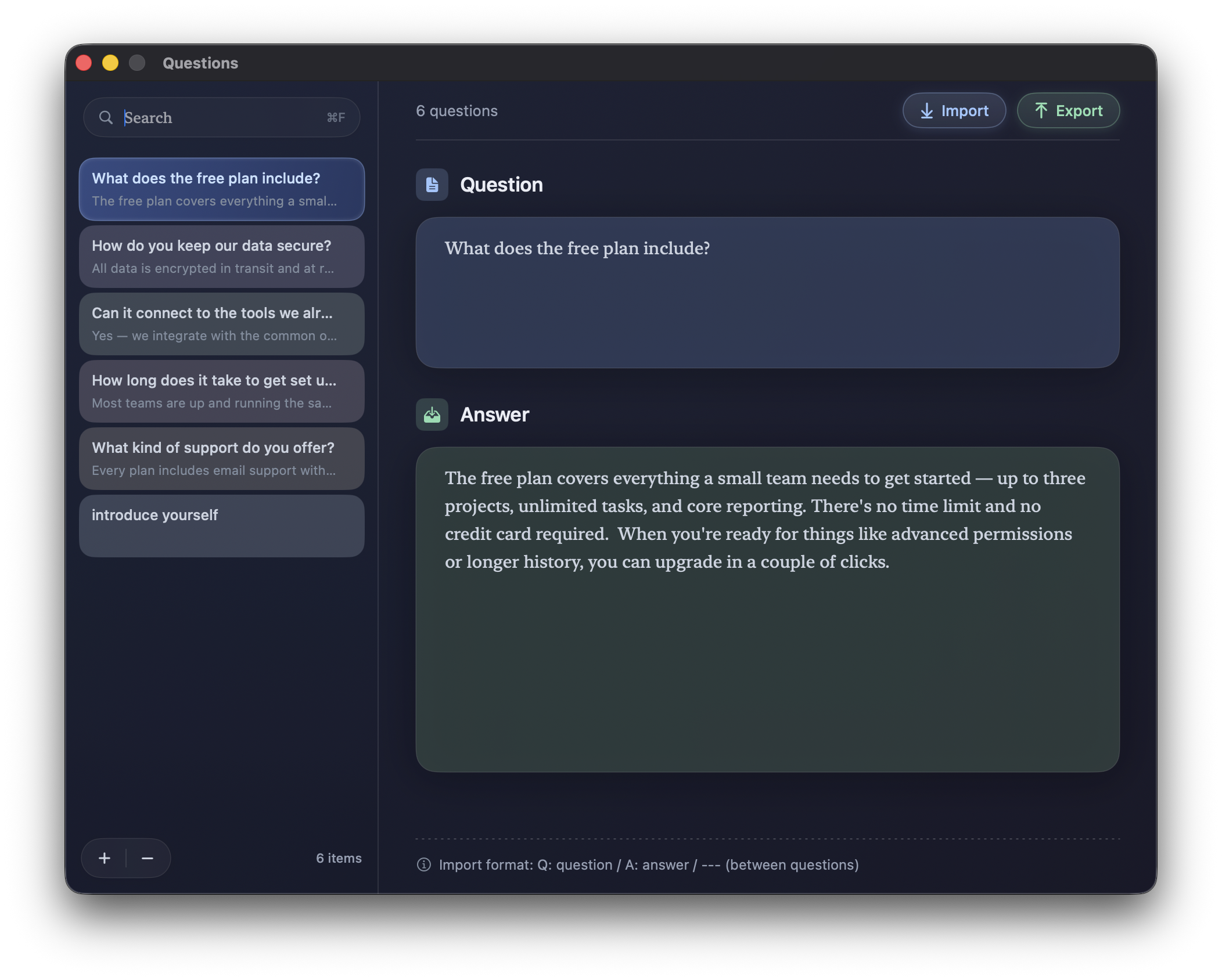 The questions editor
