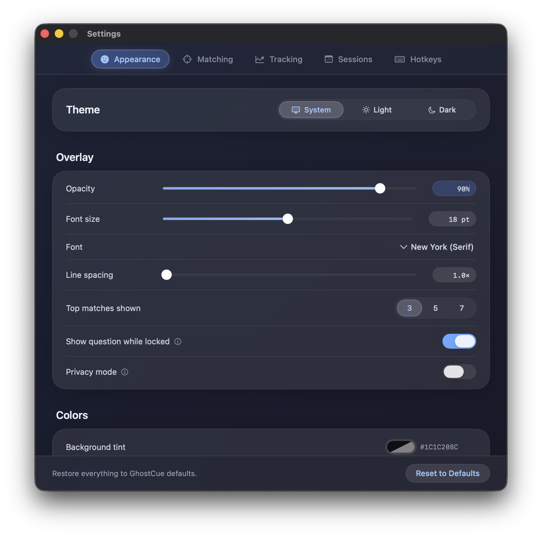Appearance settings