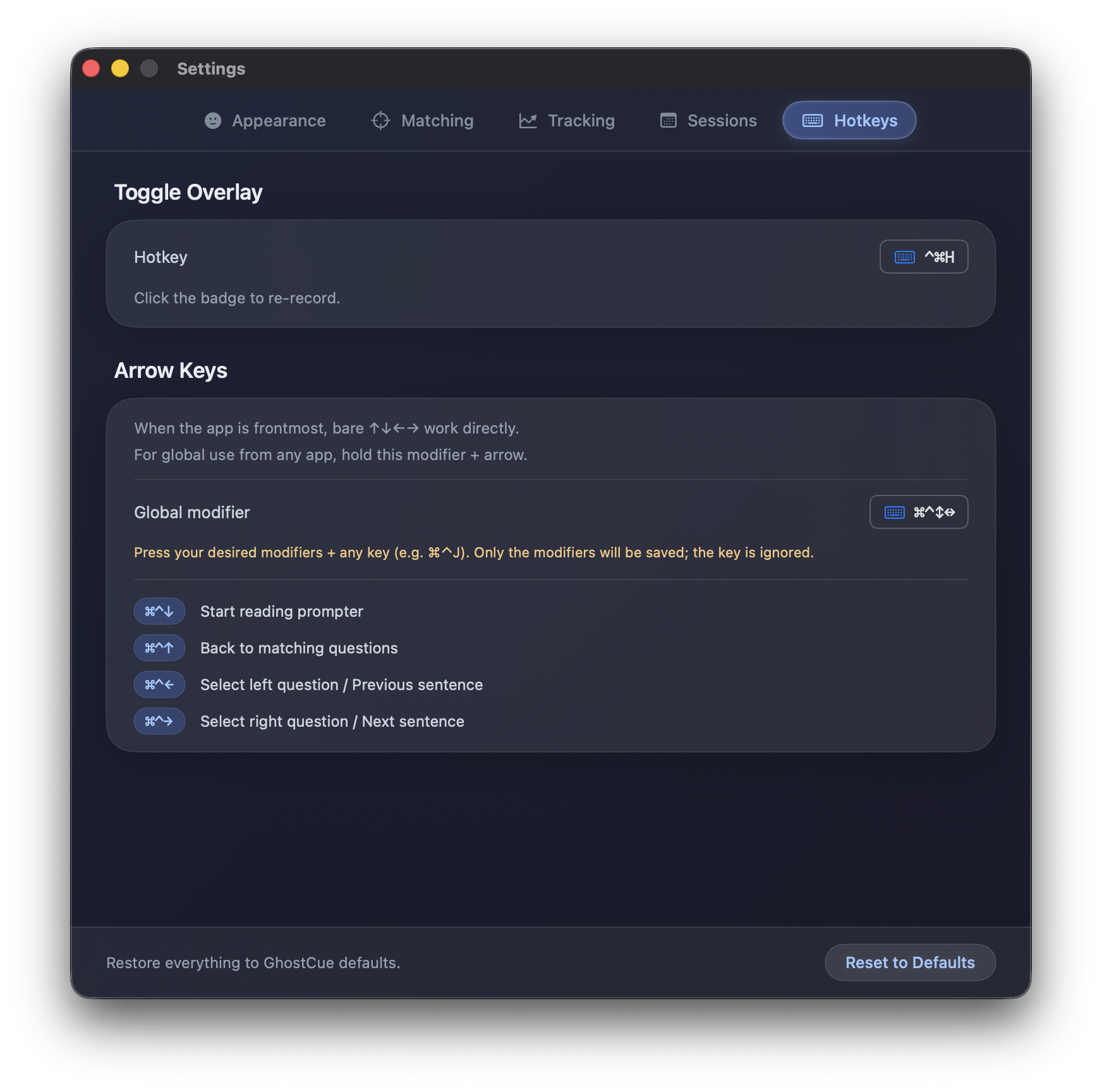 Hotkeys settings